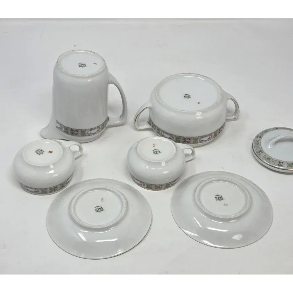 KPM Germany Antique‎ Porcelain Tea Set Creamer Sugar 2 Cups Saucers Rose 1900s